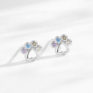 925 Sterling Silver Rainbow Paw Print Zircon Stud Earring 40200665