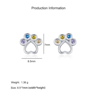 925 Sterling Silver Rainbow Paw Print Zircon Stud Earring 40200665