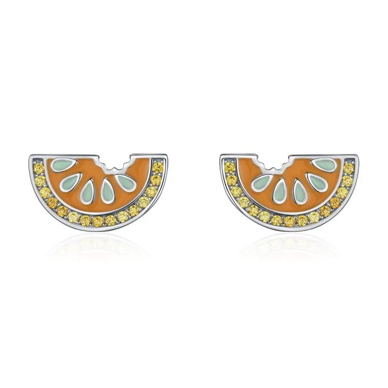 925 Sterling Silver Orange Slice Enamel Zircon Stud Earring 40200673