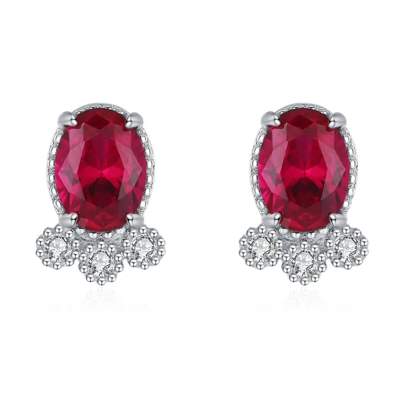 925 Sterling Silver Red Ruby Fish-Shaped Stud Earring 40200701