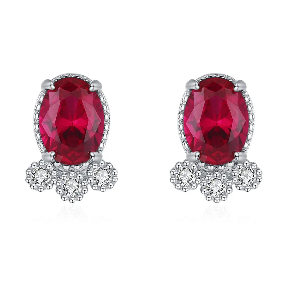 925 Sterling Silver Red Ruby Fish-Shaped Stud Earring 40200701