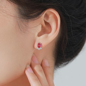 925 Sterling Silver Red Ruby Fish-Shaped Stud Earring 40200701