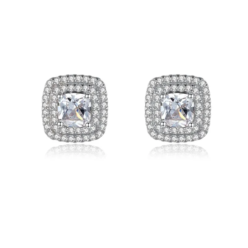 925 Sterling Silver Cushion-Cut Halo Zircon Stud Earring 40200703