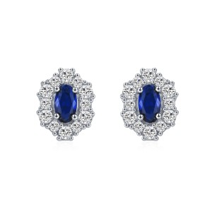 925 Sterling Silver Blue Sapphire Oval Zircon Stud Earring 40200710