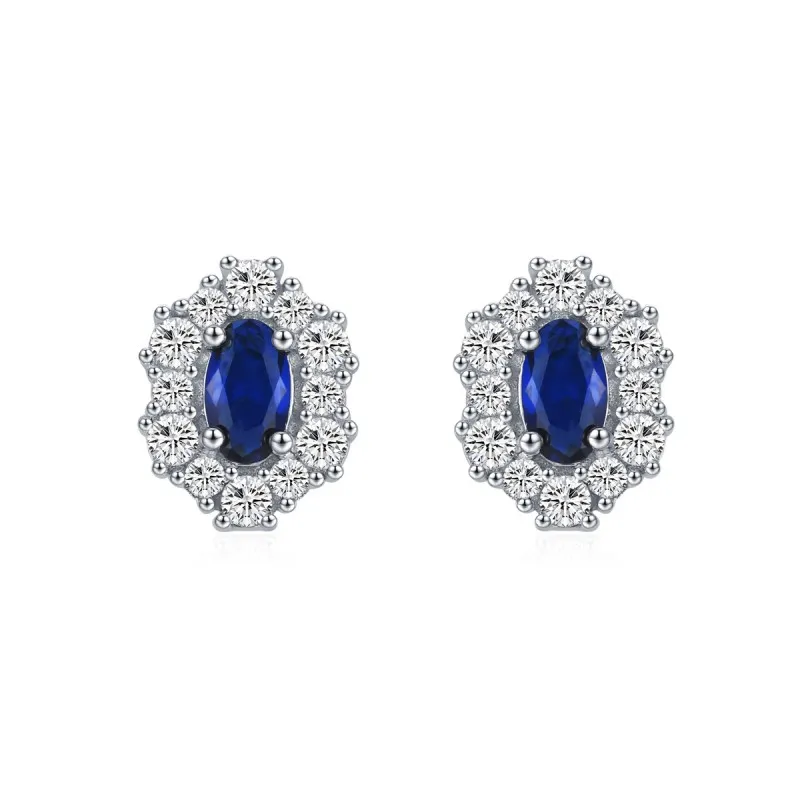 925 Sterling Silver Blue Sapphire Oval Zircon Stud Earring 40200710