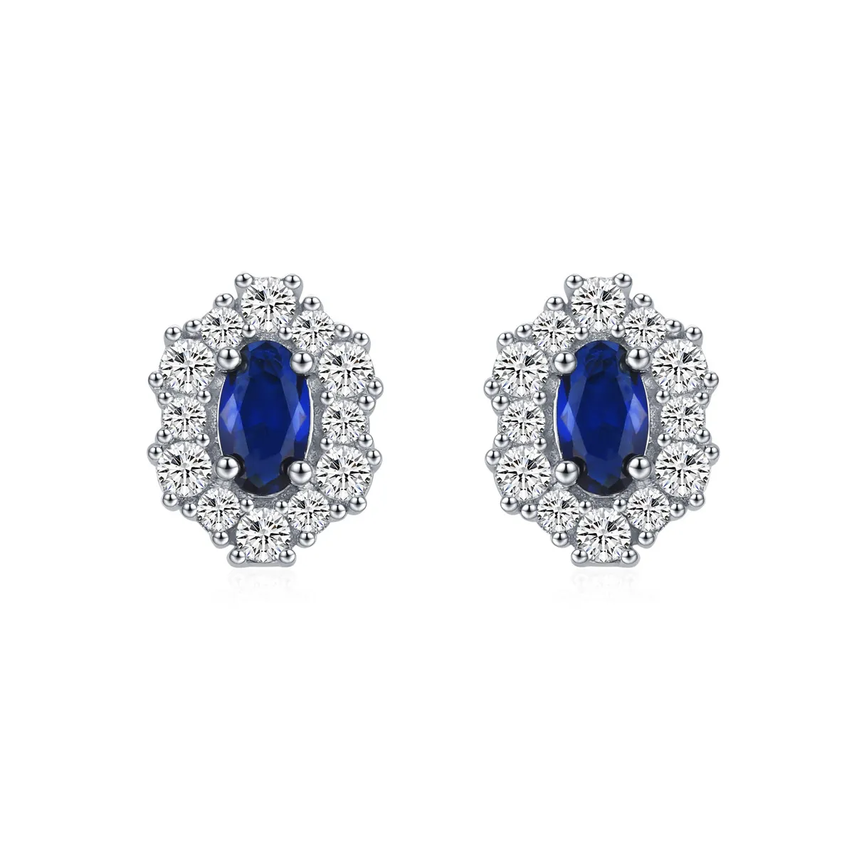 925 Sterling Silver Blue Sapphire Oval Zircon Stud Earring 40200710