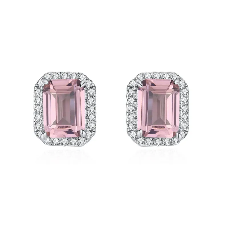 925 Sterling Silver Pink Emerald-Cut Zircon  Stud Earring 40200716