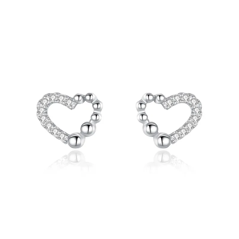 925 Sterling Silver Sweet Beaded Heart Zircon Stud Earring 40200720