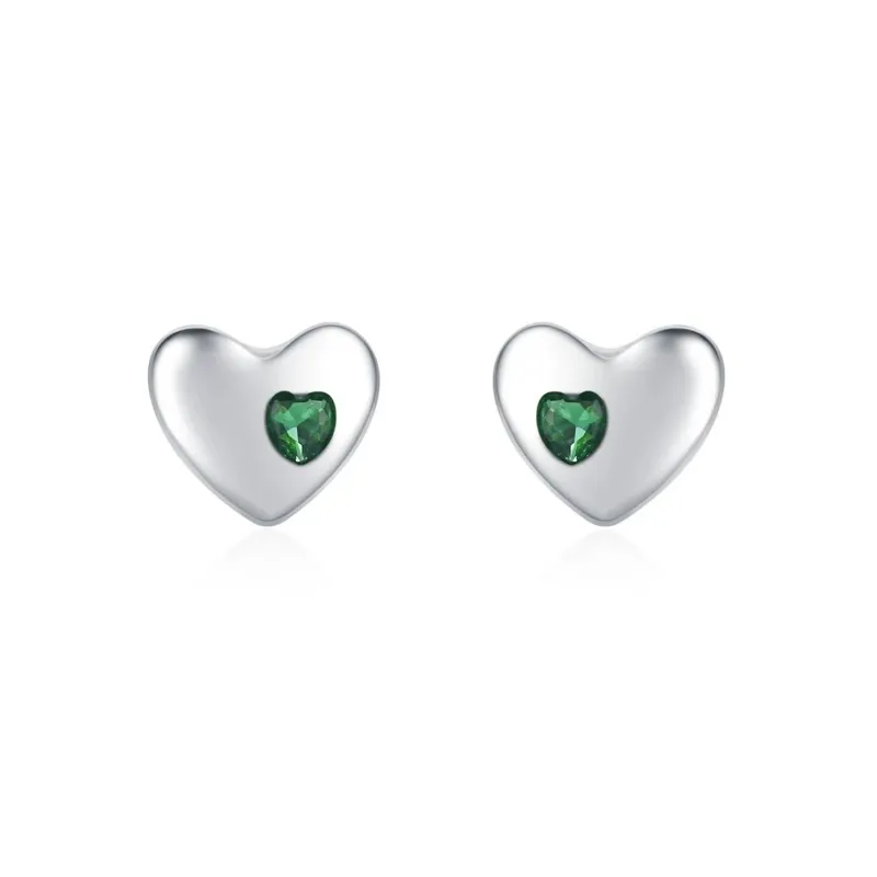 925 Sterling Silver Green Zircon Heart Stud Earring 40200725