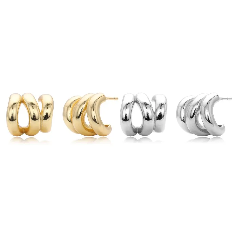 925 Sterling Silver Triple Ridge C-Hoop Stud Earrings 40400136
