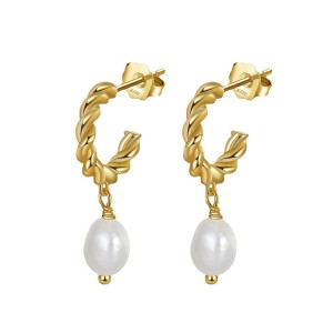 925 Sterling Silver Fresh Water Pearl Twisted Hoop Earring 40500021