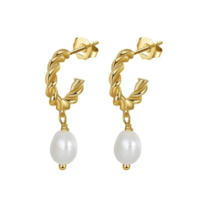 925 Sterling Silver Fresh Water Pearl Twisted Hoop Earring 40500021