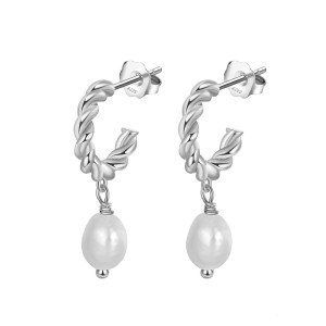 925 Sterling Silver Fresh Water Pearl Twisted Hoop Earring 40500021