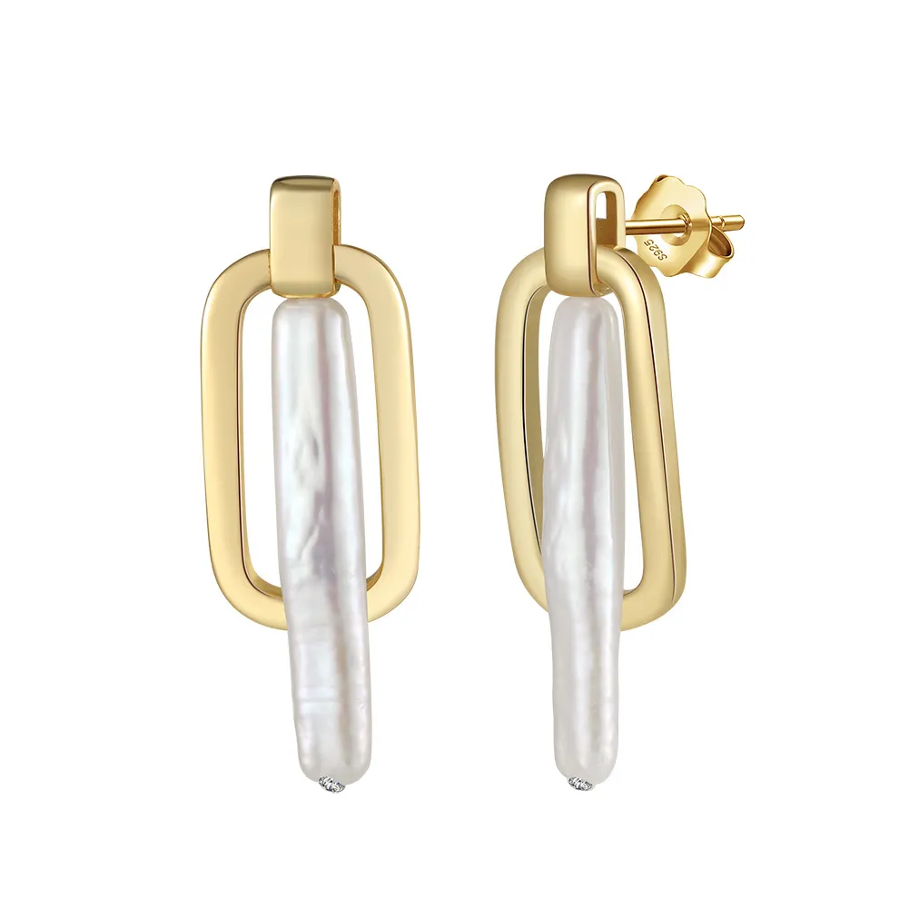 925 Sterling Silver Geometric Fresh Water Pearl Stud Earring 40500026