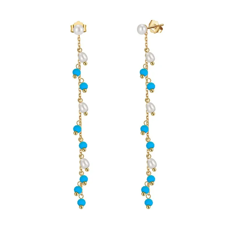925 Sterling Silver Turquoise Fresh Water Pearl Tassel Earring 40500031