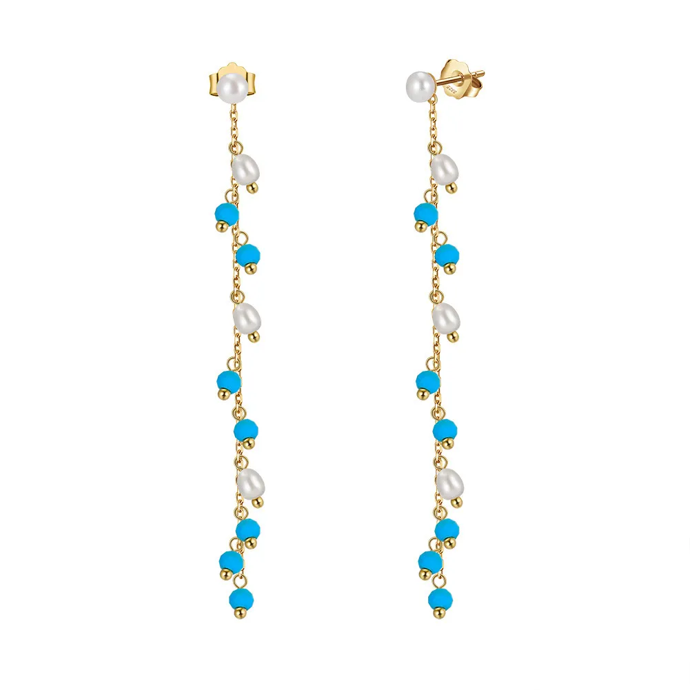 925 Sterling Silver Turquoise Fresh Water Pearl Tassel Earring 40500031