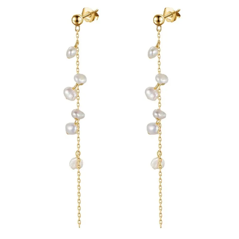 925 Sterling Silver Baroque Fresh Water Pearl Tassel Stud Earring 40500035
