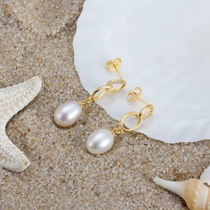 925 Sterling Silver Fresh Water Pearl Chain Stud Earring 40500042