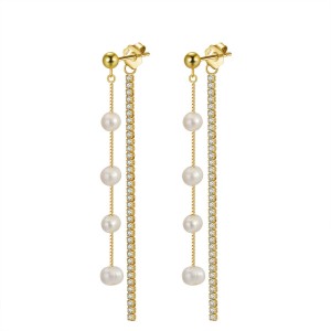925 Sterling Silver Fresh Water Pearl  Zirconia Tassel Stud Earring 40500043