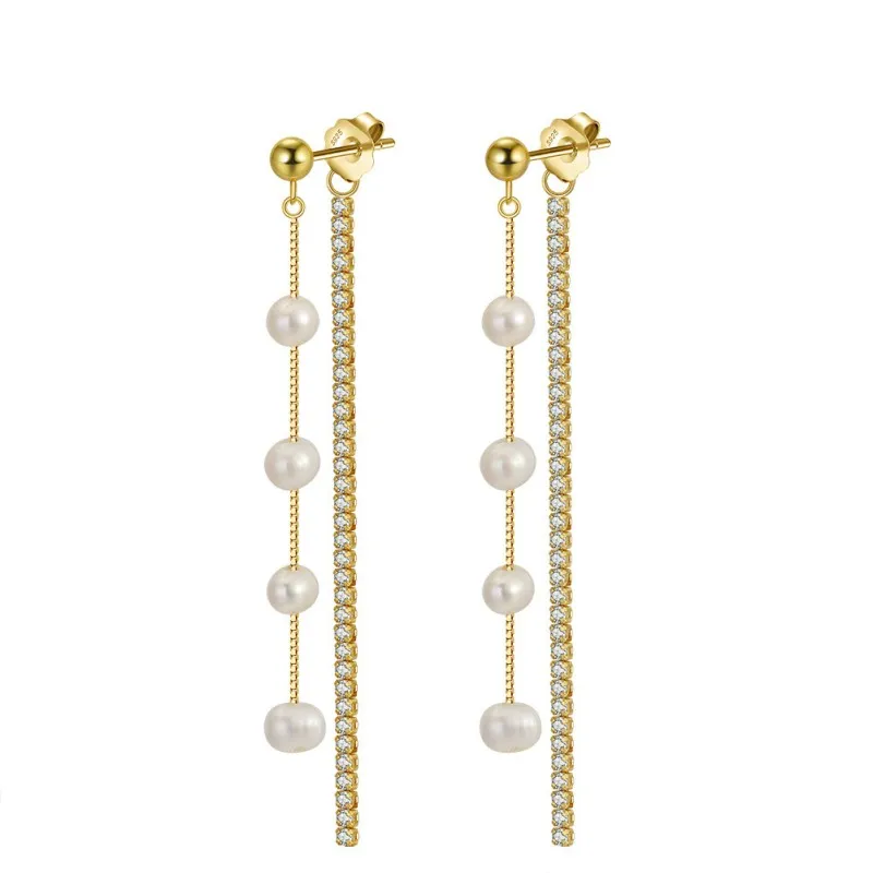 925 Sterling Silver Fresh Water Pearl  Zirconia Tassel Stud Earring 40500043