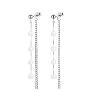 925 Sterling Silver Fresh Water Pearl  Zirconia Tassel Stud Earring 40500043