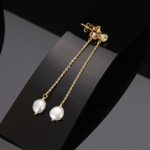 925 Sterling Silver Zirconia Fresh Water Pearl Tassel Stud Earring 40500044