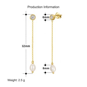 925 Sterling Silver Zirconia Fresh Water Pearl Tassel Stud Earring 40500044