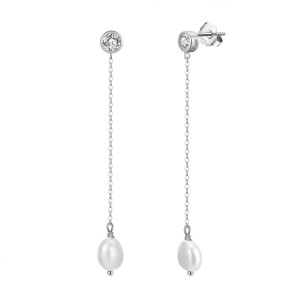 925 Sterling Silver Zirconia Fresh Water Pearl Tassel Stud Earring 40500044