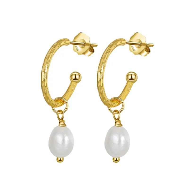 925 Sterling Silver Vintage Fresh Water Pearl Hoop Stud Earring 40500045