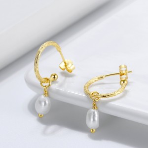 925 Sterling Silver Vintage Fresh Water Pearl Hoop Stud Earring 40500045