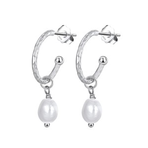925 Sterling Silver Vintage Fresh Water Pearl Hoop Stud Earring 40500045