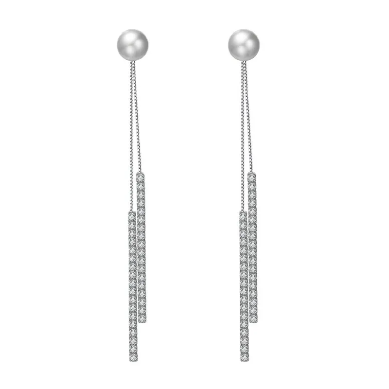 925 Sterling Silver Fresh Water Pearl Zirconia Tassel Stud Earring 40500046