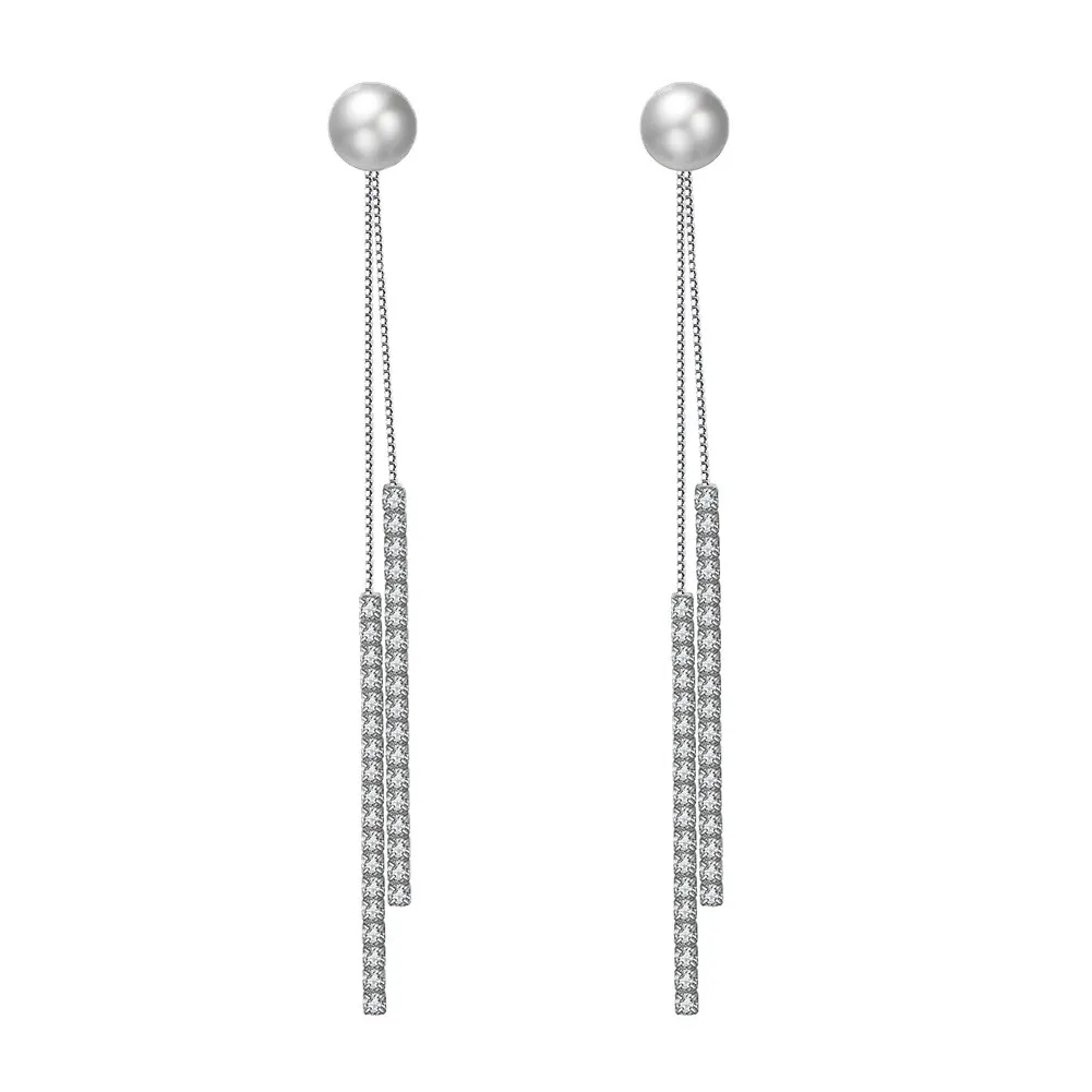 925 Sterling Silver Fresh Water Pearl Zirconia Tassel Stud Earring 40500046