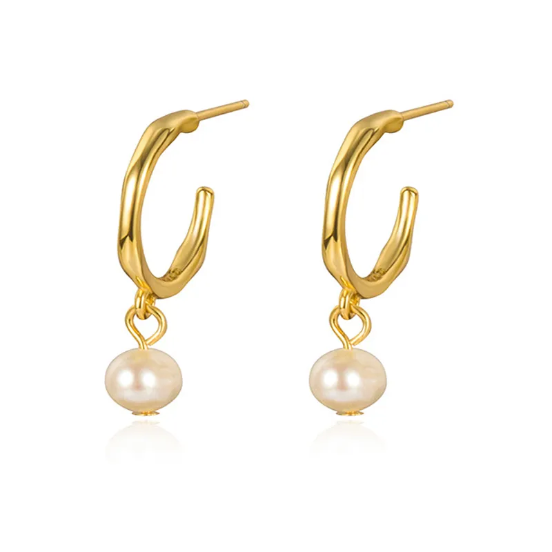 925 Sterling Silver C-shaped Fresh Water Pearl Dangle Earring 40500055