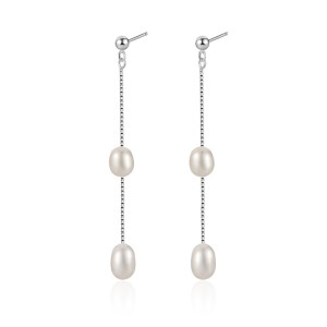 925 Sterling Silver Long Tassel Fresh Water Peral Stud Earring 40500059