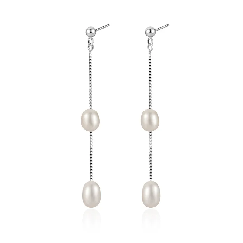 925 Sterling Silver Long Tassel Fresh Water Peral Stud Earring 40500059