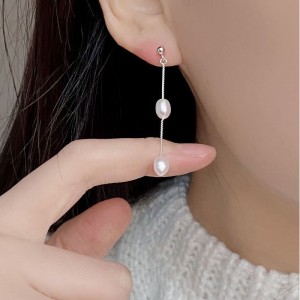 925 Sterling Silver Long Tassel Fresh Water Peral Stud Earring 40500059