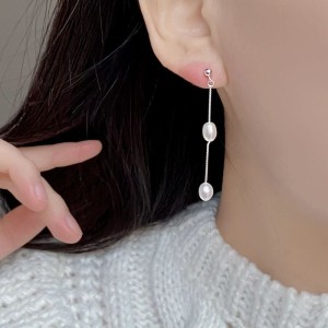 925 Sterling Silver Long Tassel Fresh Water Peral Stud Earring 40500059