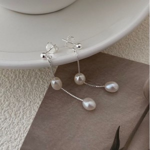 925 Sterling Silver Long Tassel Fresh Water Peral Stud Earring 40500059