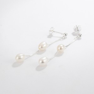 925 Sterling Silver Long Tassel Fresh Water Peral Stud Earring 40500059
