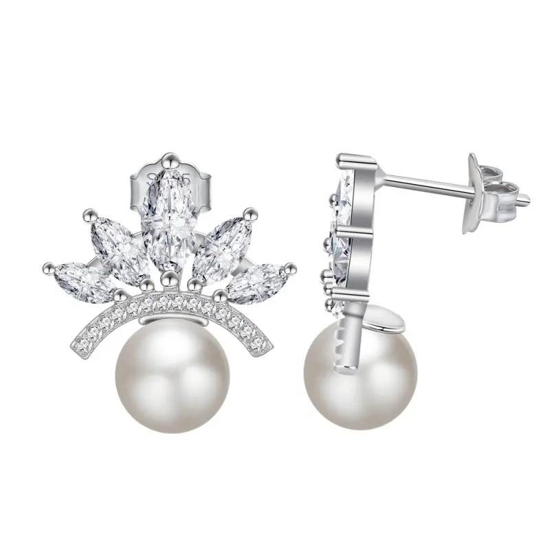 S925 Crown Zirconia Fresh Water Pearl Stud Earring 40500062