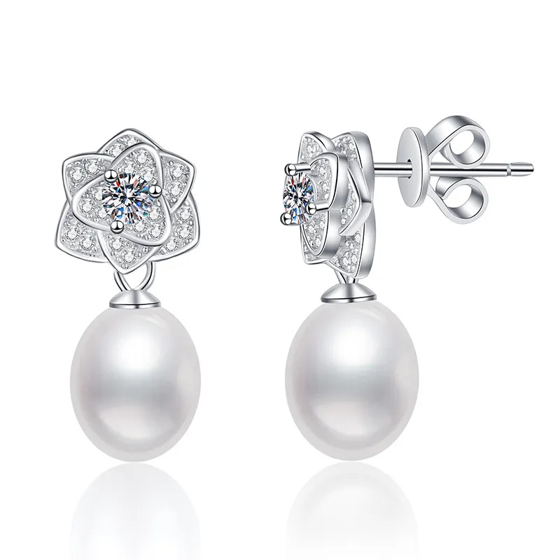 925 Sterling Silver Moissanite Fresh Water Pearl Stud Earring 40500066