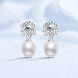 925 Sterling Silver Moissanite Fresh Water Pearl Stud Earring 40500066