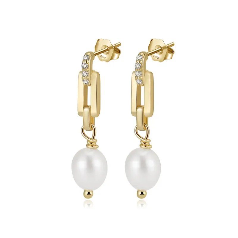 925 Sterling Silver Paperclip Link Pearl Earring 40500072