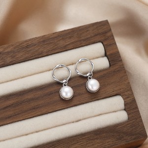 925 Sterling Silver Twisted Hoop Pearl Drop Earring 40500074