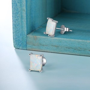 S925 Rectangle White Opal Stud Earring 40700044