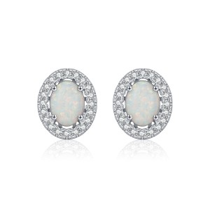 925 Sterling Silver Vintage Oval Created Opal Halo Stud Earrings 40700046