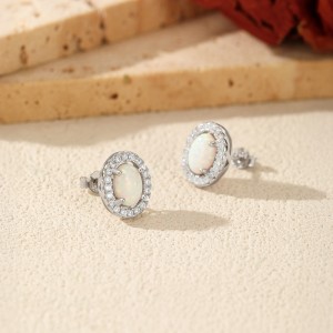 925 Sterling Silver Vintage Oval Created Opal Halo Stud Earrings 40700046