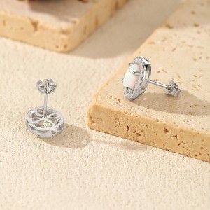 925 Sterling Silver Vintage Oval Created Opal Halo Stud Earrings 40700046