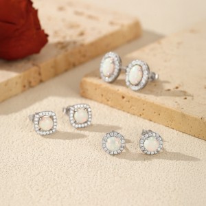 925 Sterling Silver Round Lab Opal Halo Stud Earrings 40700048
